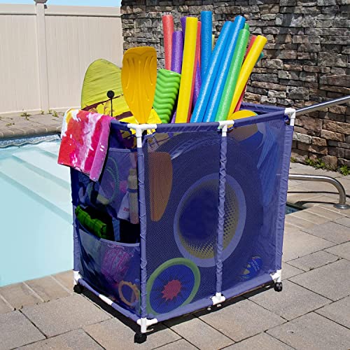 Pool Bins Outdoor Pool Floats, Balls, Toys and Equipment Rolling Mesh Organizer Storage Bin, Large (35" W x 25.4" L x 37.5" H), Blue/White