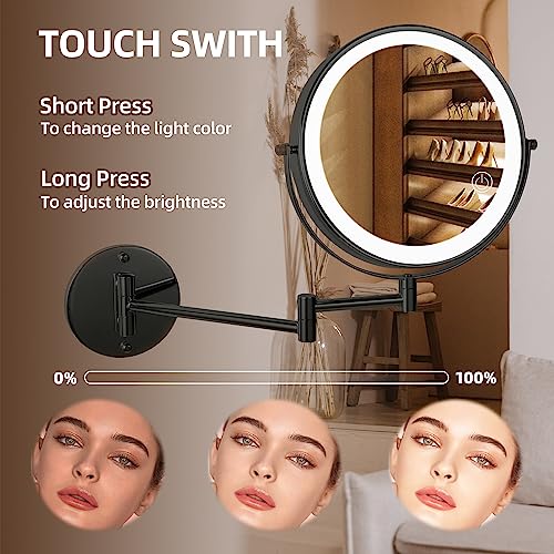 SLIMOON 8" Wall Mounted Lighted Makeup Mirror with Magnification, 1X/10X Magnifying Mirror with Light, 3 Color LED Dimmable 2000mAh Rechargeable