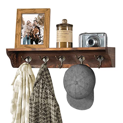 LAVIEVERT Coat Hooks Wall Mounted, Hanging Entryway Shelf Farmhouse Mounted Coat Rack with Display Shelf and 5 Vintage Metal Hooks for Hallway, K