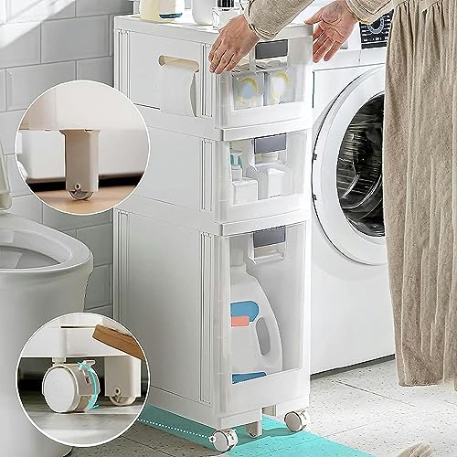 OPSREY Bathroom Floor Cabinet with Drawers Narrow Tall Floor Storage Drawer Cart with Clear Storage Drawers and Casters Large Capacity Slim Toile