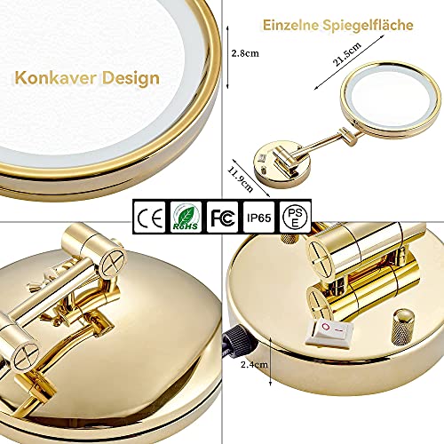DOWRY Wall Magnifying Mirror with Lights 10x Gold Makeup Mirror 3 Switchable Light Colors Extendable LED Shaving Mirror Flexible Swivel Arm,Diame