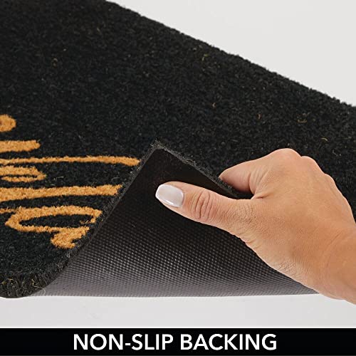 mDesign Decorative Doormat – Natural Coir Doormat with Script Writing – Welcome Mat for Indoor and Outdoor Use – Black/Brown
