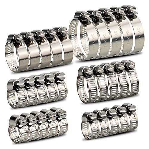InduSKY 30Pcs Hose Clips 6-51mm Range Adjustable, 304 Stainless Steel Jubilee Clips Assorted Hose Clamps Pipe Clips Kit (6-12mm, 10-16mm, 13-19mm