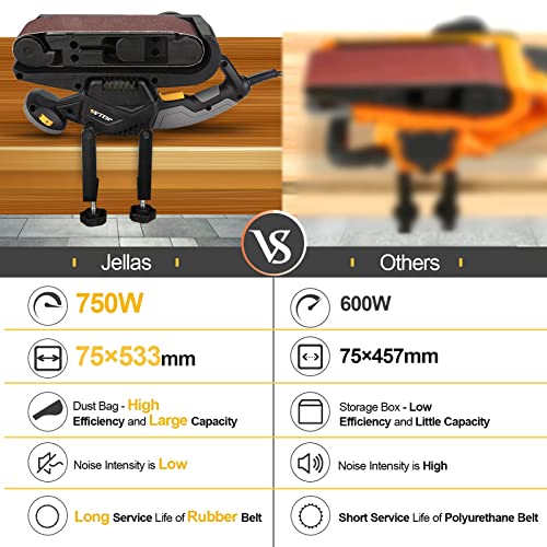 Jellas 750W Belt Sander 76×533mm with 10Pcs Sanding Belts and Dust Bag, Bench Sander with Variable-speed Control, 2 in 1 Vacuum Adapters, 10 Feet