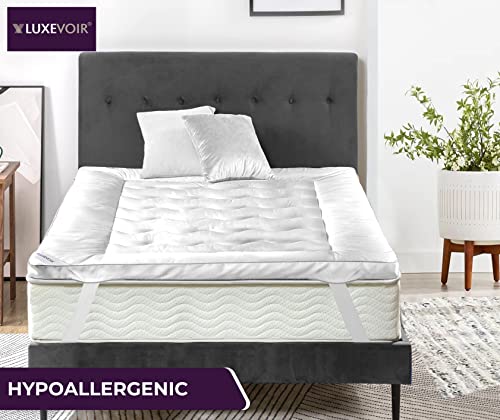 Luxevoir® High Loft Mattress Topper | Super Soft Hotel Quality Brushed Microfiber Top with Hollowfiber Filling | Elasticized Corner Straps fits u