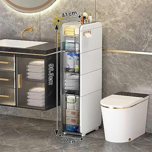 OPSREY Bathroom Floor Cabinet - Multifunctional White Narrow Toilet Organizer Floor Side Cabinet - Small Bathroom Storage, Thin Toilet Vanity Cab