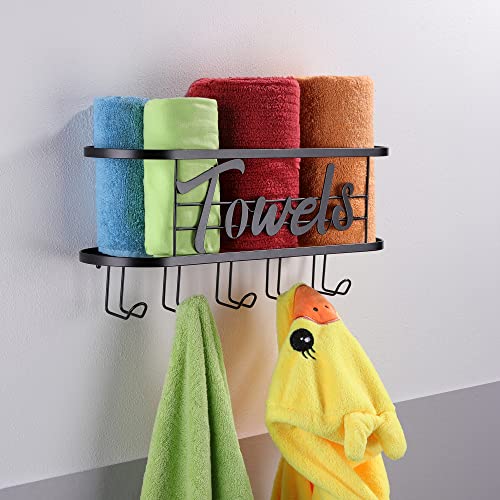 KEGII Towel Storage Rack Wall Mounted with 5 Hooks, Rolled Bath Hand Towel Holder, Black Bathroom Decor, Stainless Steel Shelf Organiser