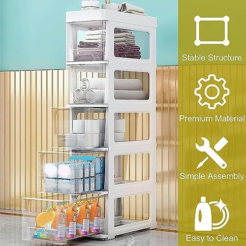 OPSREY Bathroom Floor Cabinet Storage Cabinet, 18cm(7inch) Freestanding Slim Toilet Paper Storage Cabinet with Clear Drawers and Casters Vertical