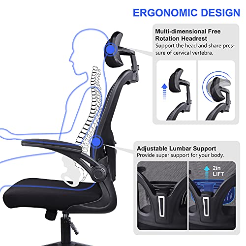 JAJALUYA Office Chair Mesh Computer Chair with Adjustable Headrest and Lumbar Support Desk Chair Ergonomic Office Chair with Flip-up Armrest for