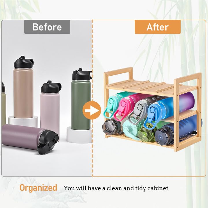 Meegoo Sturdy Water Bottle Organizer, 12 Freestanding Bamboo Water Bottle Holder Rack, Sturdy Water Cup Stand Storage for Cabinet Kitchen Counter