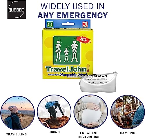 Quebec - TravelJohn Disposable Urinal Bag – Odourless, Hygienic & Non-Toxic - Emergency Portable Toilet for Men/Women & Kids - Perfect Companion
