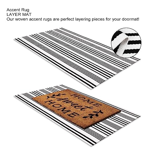 LEEVAN Black and White Striped Door Mat 24'' x 35'' Washable Hand-Woven Front Door Rug, Reversible Front Door Mats Outdoor Farmhouse Striped Laye