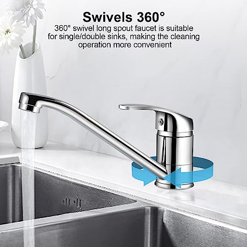 Kitchen Sink Mixer Tap, Single Top Lever Swivel Long Spout Monobloc Hot and Cold Water Kitchen Faucet Chrome Kitchen Tap with 2 Hoses