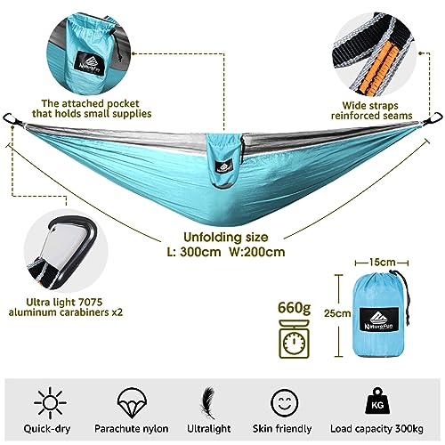 NATUREFUN Ultra-Light Travel Camping Hammock | 300kg Load Capacity,(300 x 200 cm) Breathable,Quick-drying Parachute Nylon | 2 x Premium Carabiner