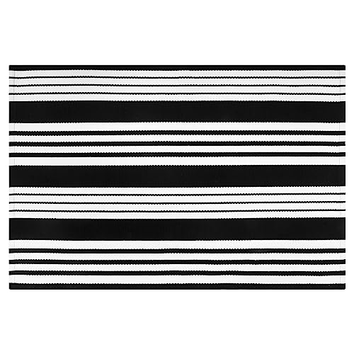 LEEVAN Black and White Striped Door Mat 24'' x 35'' Washable Hand-Woven Front Door Rug, Reversible Front Door Mats Outdoor Farmhouse Striped Laye