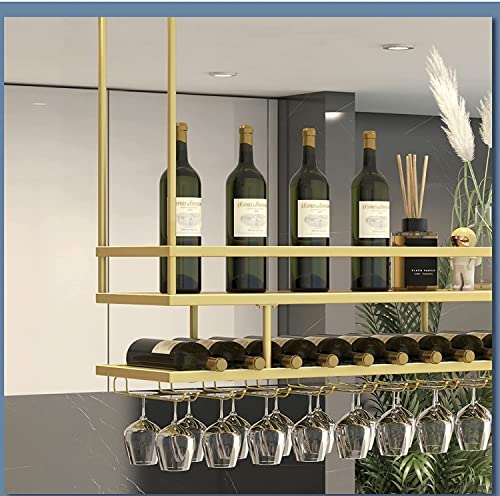 EMISOO Ceiling Mount Shelf Hanging Wine Rack with Glass Holder and Shelf, Adjustable Height Metal Ceiling Bar Wine Glass Rack, 2 Layer Industrial