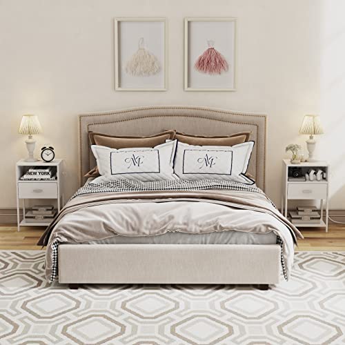 LDTTCUK Nightstand Set of 2 with Charging Station, Modern End Table with Drawer, White Bedside Table with Open Storage for Bedroom