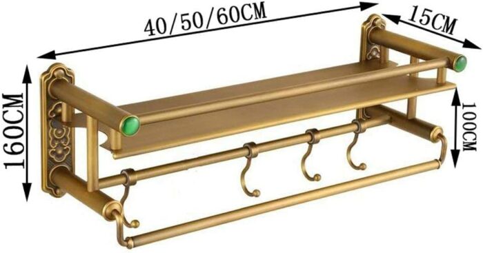 XHALERY Retro Bathroom Shelf Wall Hanging Copper Towel Rack Towel Bar Cosmetic Racks with Hooks/40 * 15 * 16Cm