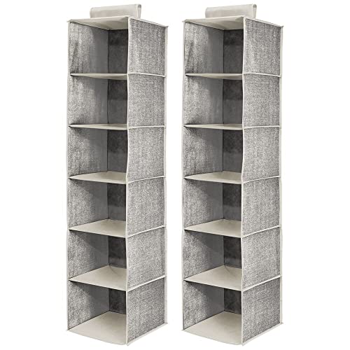 mDesign Set of 2 Hanging Wardrobe Organiser - Fabric Wardrobe Storage Units with 6 shelves each - Ideal Hanging Closet Organiser - Grey
