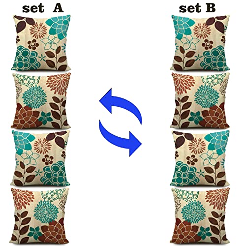 KUNQIAN Cushion Covers Waterproof Blue Brown Flower Double-Sided Pattern Throw Pillow Cover Set of 4 18x18 inch Home Decorative for Patio Furnitu