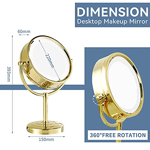 DOWRY Magnifying Mirror with LED Lights 10x Gold Illuminated Shaving Mirror Free Standing Mirror for Dressing Table 360 ° Rotatable Double Sided