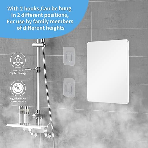 EUAIAJ Shower Mirror Fogless for Shaving Men Wall Mount, Fog Free Shave Mirror Travel Bathroom, NO-Drilling & Removable & Shatterproof, with 2 Hi