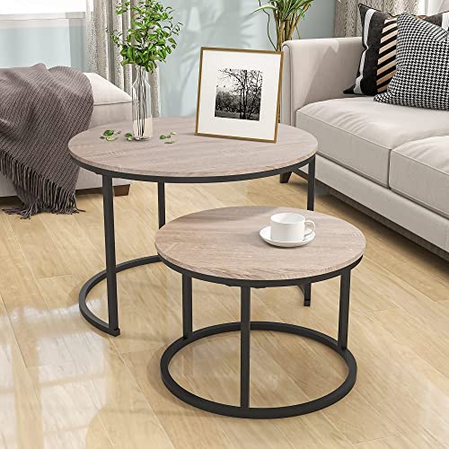 HOJINLINERO Black Round Coffee Table Set of 2 Side/ End Table for Living Room, Bedroom Decorations, Industrial Stacking Wood Look Accent Furnitur