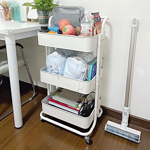 ASelected 3 Tier Storage Trolley with Lock 82x45x37CM Kitchen Storage Utility Cart Rolling Storage Rack for Bedroom Bathroom Office(White)