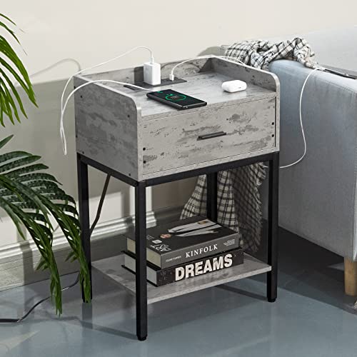 Lerliuo Nightstands Set of 2 with Charging Station and USB Ports, 3-Tier End Side Table with Storage Drawer and Shelf, Modern Bedside Night Stand