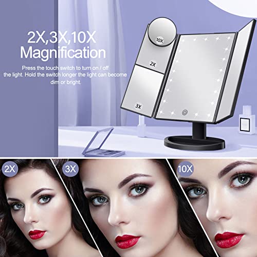 HUONUL Makeup Mirror Vanity Mirror with Lights, 2X 3X 10X Magnification, Lighted Makeup Mirror, Touch Control, Trifold Makeup Mirror, Dual Power