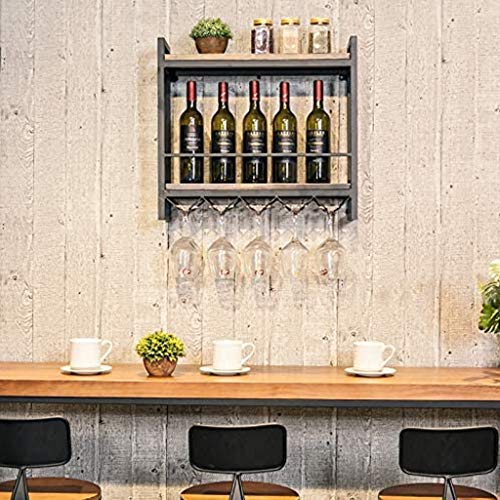 EYLINK Vintage Wine Racks Wall-Mounted, Kitchen Bar Unit Floating Shelves Rustic Wood Board Wine Bottle Holder Metal Iron Wine Glass Rack Goblet
