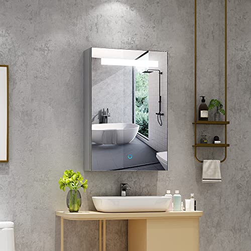Quavikey® LED Bathroom Cabinet With Mirror And Shaver Socket Bedroom Wall Mounted Cupboard With Demister 400x600 MM