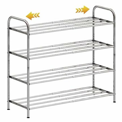 SKIKEN 4-Tier Expandable Shoe Rack, 100% Stainless Steel, 4-Rod Extendable and Adjustable Feet, Simple Standing, Adjustable Shoe Rack for Entrywa
