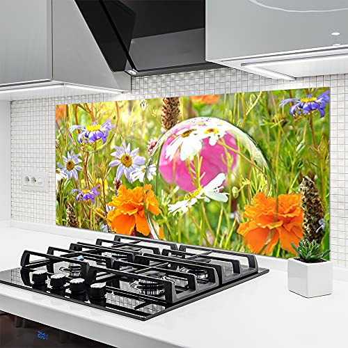 Tulup Glass Splashback for Kitchen - 55.1 in x 27.6 in / 140x70 cm - Cooker Wall Protection Tempered Glass - Flowers Nature