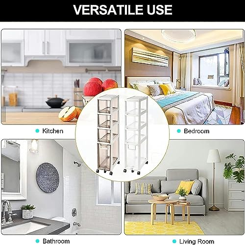 OPSREY Narrow Tall Bathroom Floor Cabinet Large Capacity Slim Toilet Paper Storage Cabinet 4 Drawer Cart with Clear Drawers and Casters Vertical