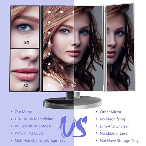 HUONUL Makeup Mirror Vanity Mirror with Lights, 2X 3X 10X Magnification, Lighted Makeup Mirror, Touch Control, Trifold Makeup Mirror, Dual Power