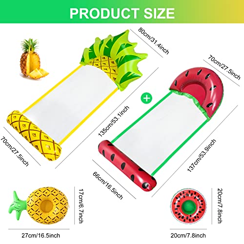 FORMIZON 2 Pcs Pool Float Hammock, 4-in-1 Multi-Purpose Inflatable Hammock with 2 Pcs Floating Cup Holder, Swimming Pool Watermelon Pineapple Por