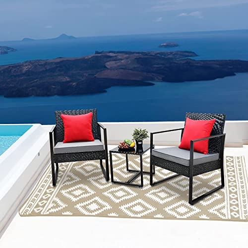 TJLSS 3 PCS Rattan Garden Furniture Set Outdoor Rattan Wicker Bistro Set with Coffee Table for Indoor Outdoor Patio Garden Backyard