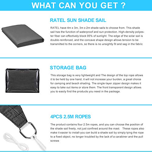 RATEL Sun Shade Sail, 4m x 3m Waterproof Canopy Outdoor Rectangle, 98% UV Block Patio Sun Sail With Four Rope, Awnings For Garden/Yard/Pool/Terra