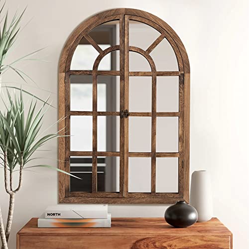 Natsukage 36"x24"Arched Mirror Wall Window Mirror Farmhouse Decorative Mirror for Wall Wood Windowpane Mirror Wall Decor for Living Room, Bathroo