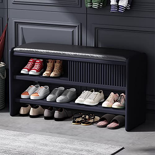 Modern Shoe Storage Bench,Wooden Entryway Bench with Leather Cushion,Upholstered Shoe Bench Shoe Cabinet Hallway Shoe Organizer Furniture-Brown-W
