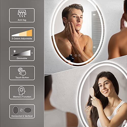 Dripex 500×700mm Oval LED Bathroom Mirror with Light, Illuminated Backlit Wall Mounted Bathroom Mirror with 3 Colors Light, Anti-fog Dimmable LED