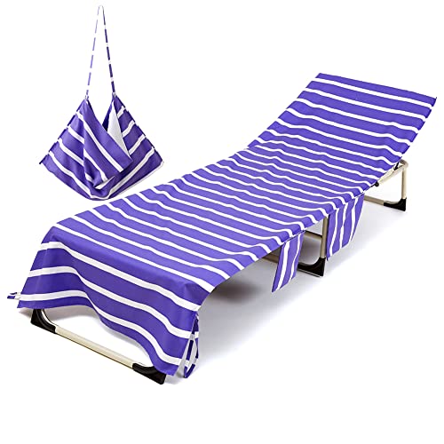 Morbuy Beach Chair Cover Towel, Solid color Striped Beach Towel Lounger Bags with Pockets Sunbed Towels Fitted Microfiber Sun Lounger Towels for