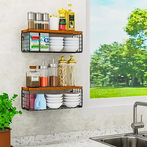 Obswell Kole Floating Shelves with Wire Storage Basket, Bathroom Shelves Over Toilet with Protective Metal Guardrail, Wood Wall Shelves for Bathr