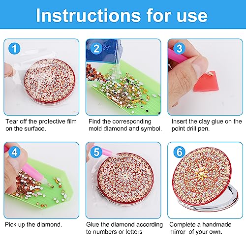 SAVITA 4pcs Diamond Art Painting Mirror Kits, Mandala Style Diamond Art Makeup Mirror Wallet Mirror Pocket Mirror Compact Mirror with Magnificati