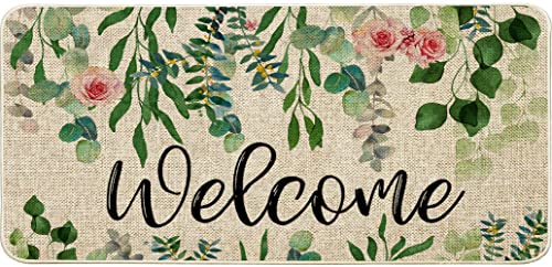 ORTIGIA Welcome Christmas Poinsettia Doormat Indoor Outdoor Patio Eucalyptus Leaves Door Mats Non-Slip Durable Entrance Mat for Home Entrance, Ou