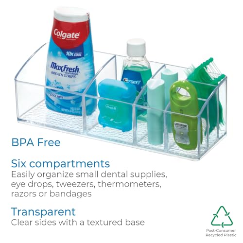 iDesign 42730ES Med+ Medicine Box, Plastic Bathroom Storage Container for Medical Supplies with Six Compartments, Clear, 9" x 3" x 2"