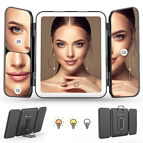 Kostlich Travel Trifold Vanity Mirror with 3 Color Lights, Rechargeable 1X/3X/7X Magnifying Mirror, Portable Light Up Makeup Mirror