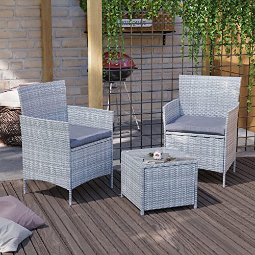 Garden Vida Bali 2 Seater 1 Square Table Rattan Set With Cushions Outdoor Garden Patio Furniture 3Pcs (Black)