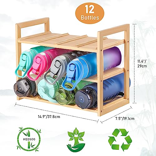 Meegoo Sturdy Water Bottle Organizer, 12 Freestanding Bamboo Water Bottle Holder Rack, Sturdy Water Cup Stand Storage for Cabinet Kitchen Counter
